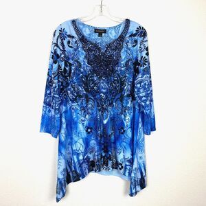 G Collection Women's Babydoll Top Size L Blue V-Neck Crochet Small Rhinestones